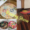 A collection of round rugs and carpets featuring various mushroom patterns in earthy tones.