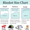 A size chart showing small medium and large blankets with corresponding dimensions and usage suggestions.