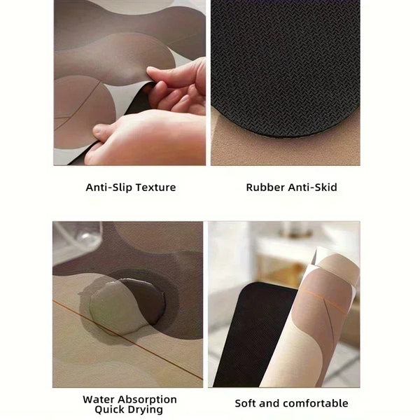 Various views of a lemon printed non-slip dish drying mat showing anti-slip texture, rubber anti-skid surface, water absorpti