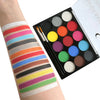 A palette of 15 colors for face and body paint, featuring various shades of red, purple, yellow, green, and brown.