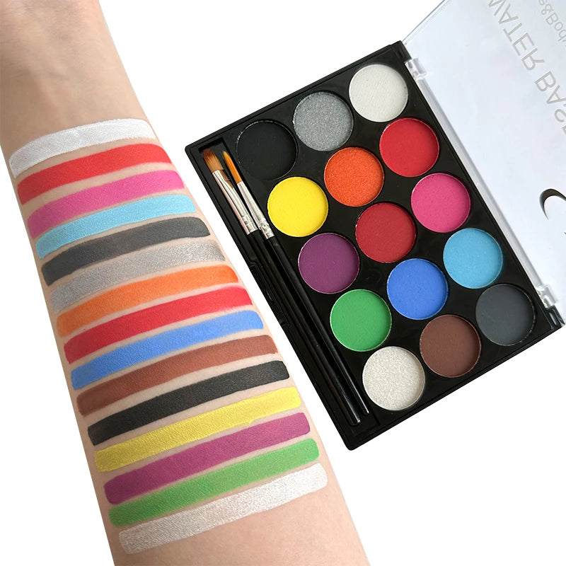 A palette of 15 colors for face and body paint, featuring various shades of red, purple, yellow, green, and brown.