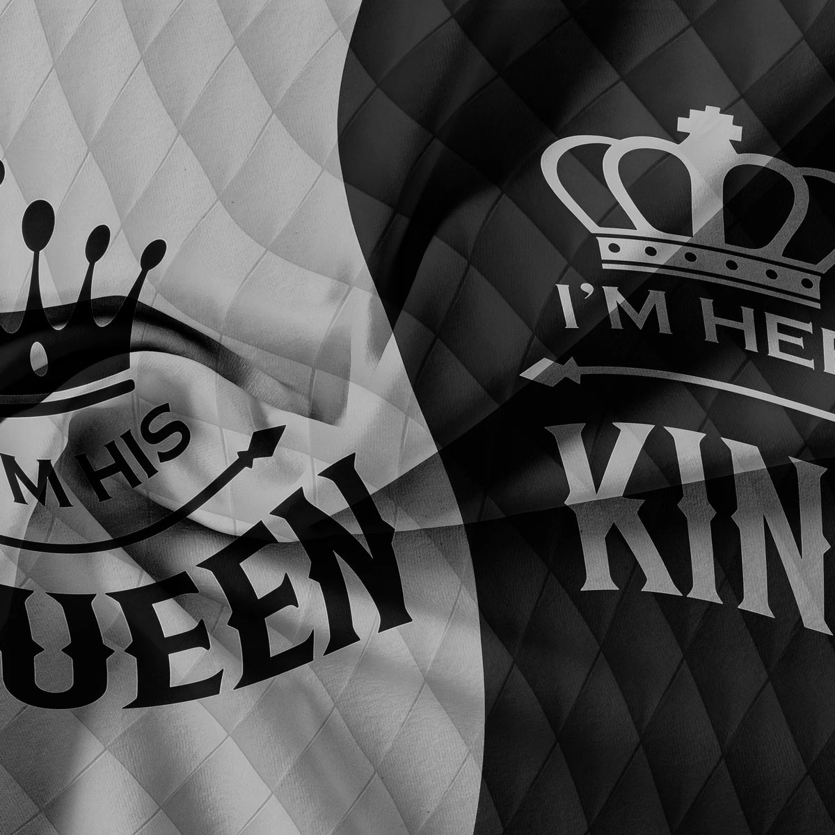 A black and white design featuring a crown motif with the text I'm his queen and I'm kin.