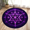 A round area rug featuring a vibrant purple geometric star pattern on a dark background.
