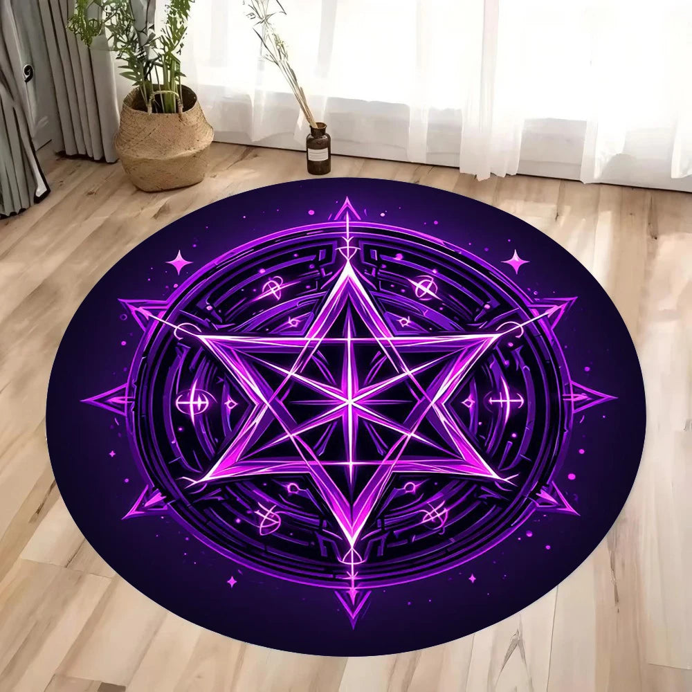 A round area rug featuring a vibrant purple geometric star pattern on a dark background.