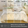 Elegant floral tea art duvet cover set displayed under dim, warm, cold, and natural light settings.