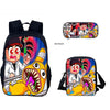 A black backpack featuring a colorful cartoon design of a doctor and an animal, shown with a separate close-up of the print.