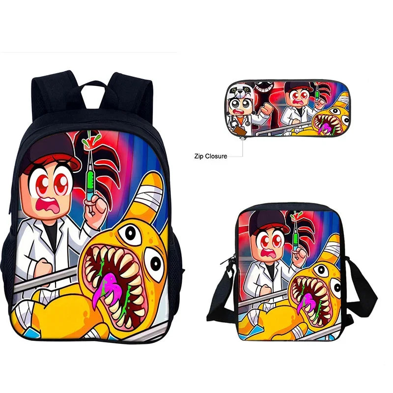 A black backpack featuring a colorful cartoon design of a doctor and an animal, shown with a separate close-up of the print.