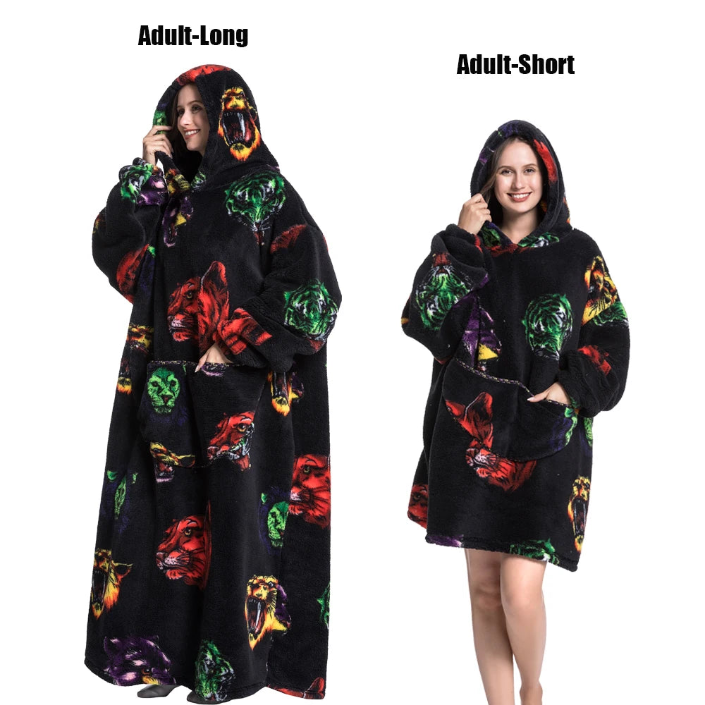 A black plush fleece blanket hoodie with colorful animal prints shown in adult-long and adult-short styles.