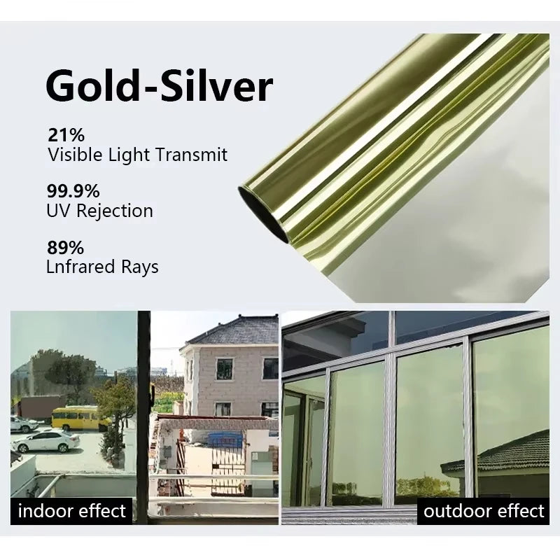 Gold-Silver one-way privacy window film showing indoor and outdoor effects