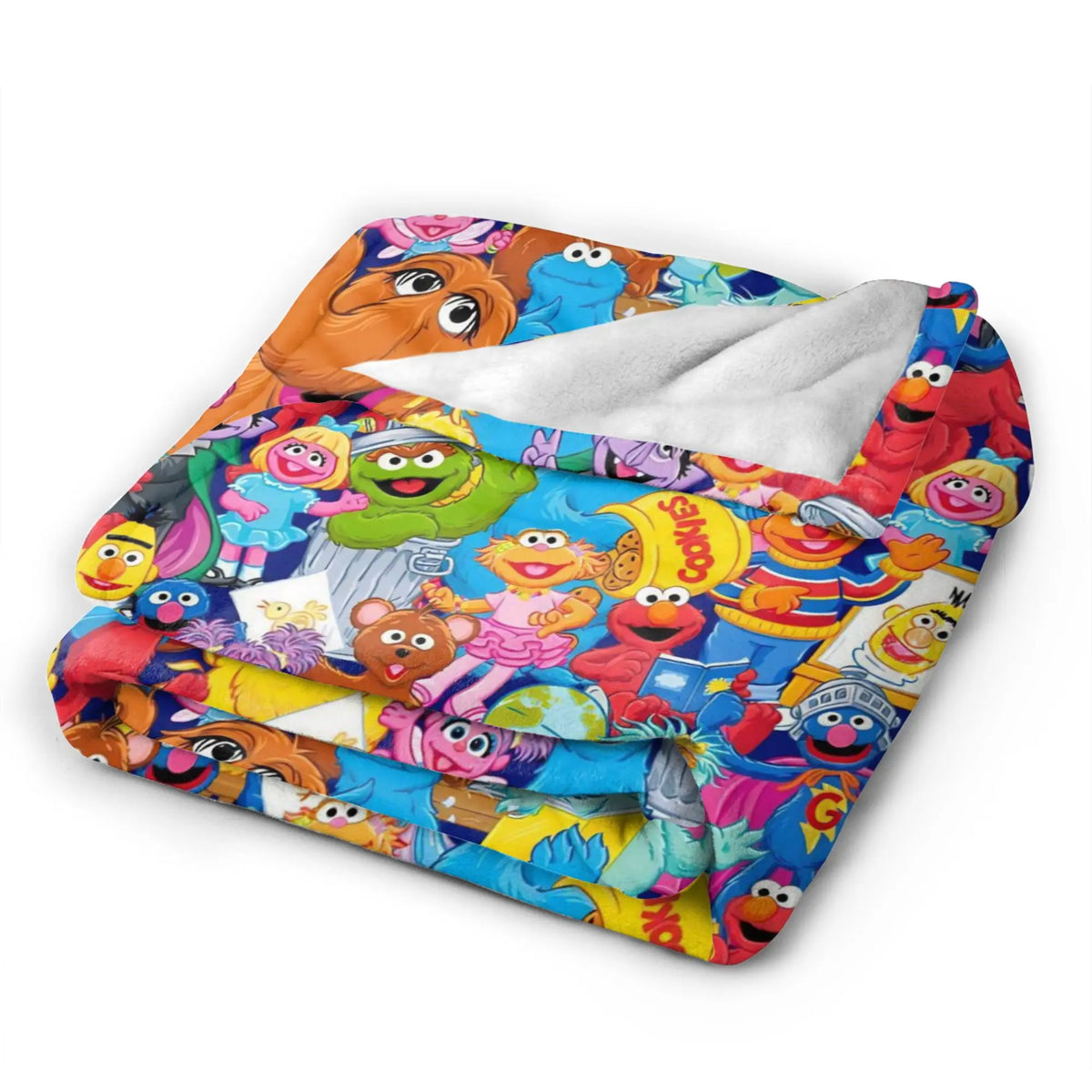 A colorful flannel throw blanket featuring various Sesame Street characters like Elmo and Friends.