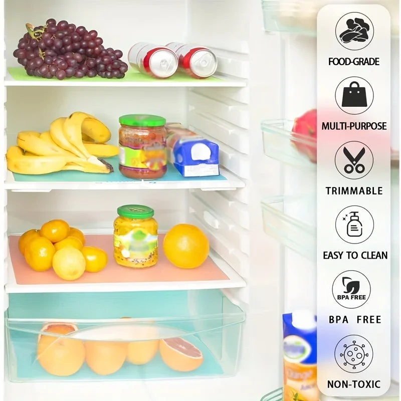 Reusable EVA fridge shelf liners showing various fruits and jars inside a clear plastic container