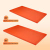 Two rectangular orange silicone griddle mats shown at an angle with dimensions 28"L x 17.9"W x 0.98"H and 35.6"L x 21.5"W x 0