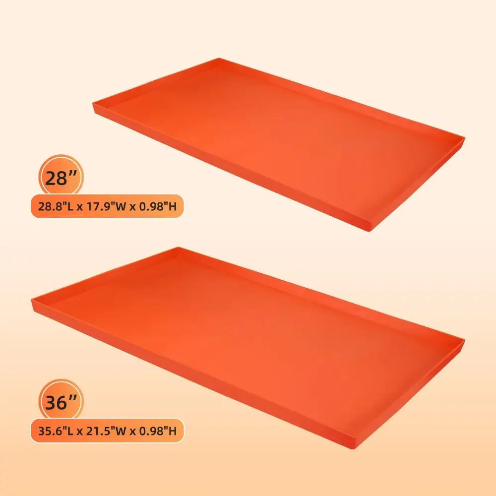 Two rectangular orange silicone griddle mats shown at an angle with dimensions 28"L x 17.9"W x 0.98"H and 35.6"L x 21.5"W x 0