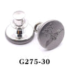 Silver adjustable button pin with a decorative bird design and a round base.
