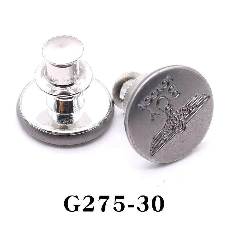 Silver adjustable button pin with a decorative bird design and a round base.