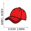 A red embroidered baseball cap patch shown with dimensions of 6.3cm by 4.8cm.