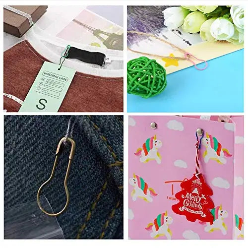 A close-up of colorful safety bulb pins for knitting and sewing are displayed on a light blue background.