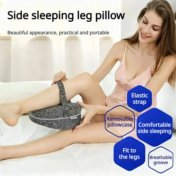 A woman is shown using a side sleeping leg pillow with an elastic strap and breathable groove for comfort.