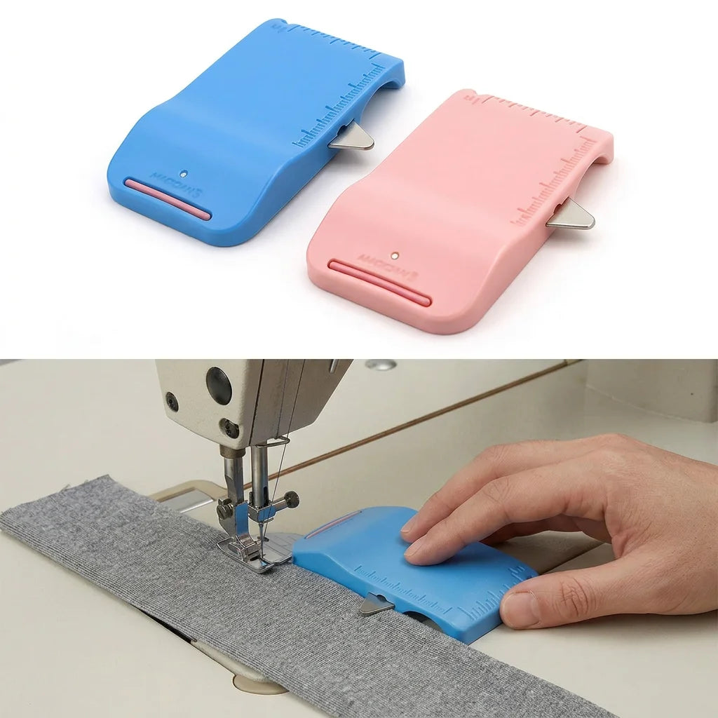 A hand is using a blue magnetic seam guide with a stitch gauge on a gray fabric for sewing.