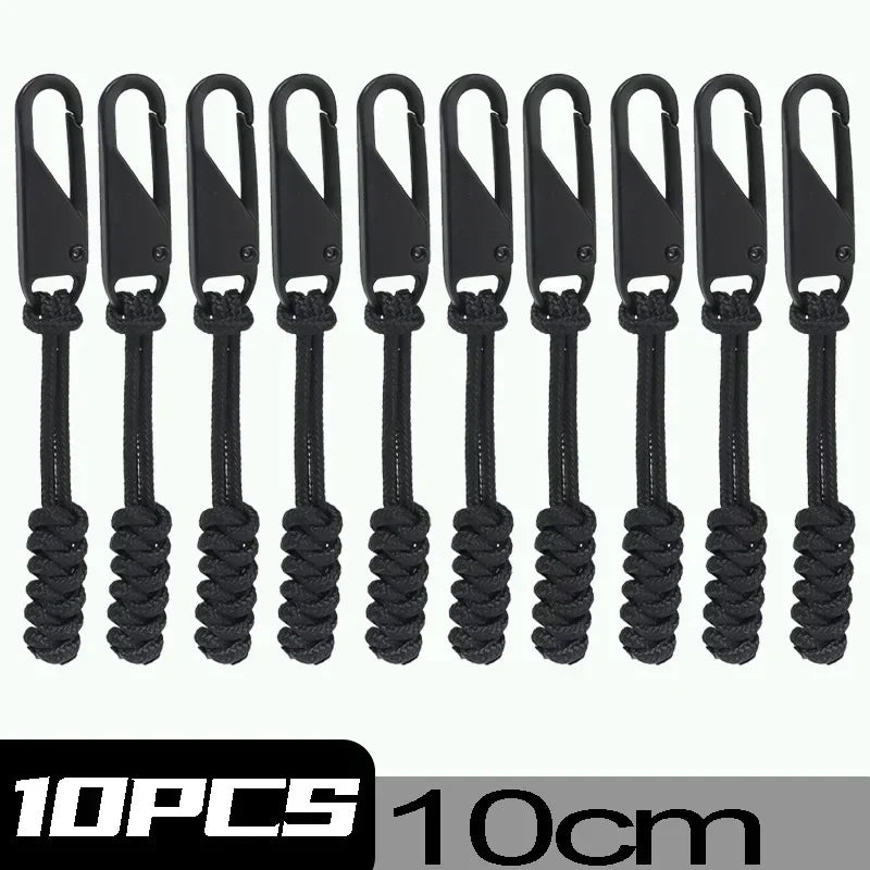 Ten black detachable zipper pull sliders for bags and clothing, each measuring 10cm.