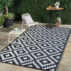 A black and white geometric outdoor rug placed on a patio with potted plants and a small side table.