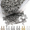 A pile of stainless steel eye screw pins for jewelry making in various sizes, including 8mm and 10mm.