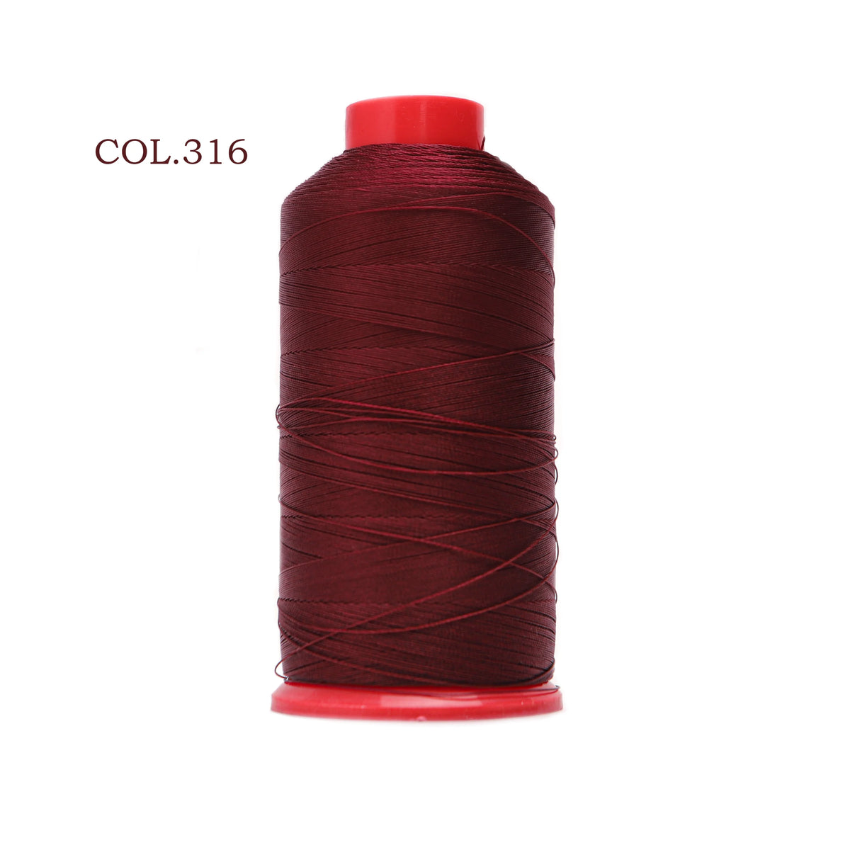 A spool of dark red heavy duty nylon sewing thread labeled COL.316.