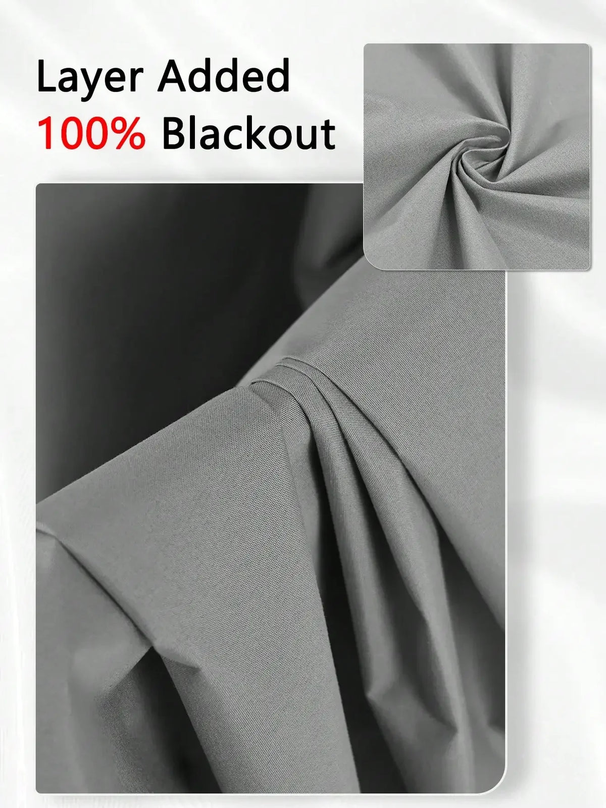 A close-up view of a gray blackout curtain fabric with a gathered texture and a rolled section.