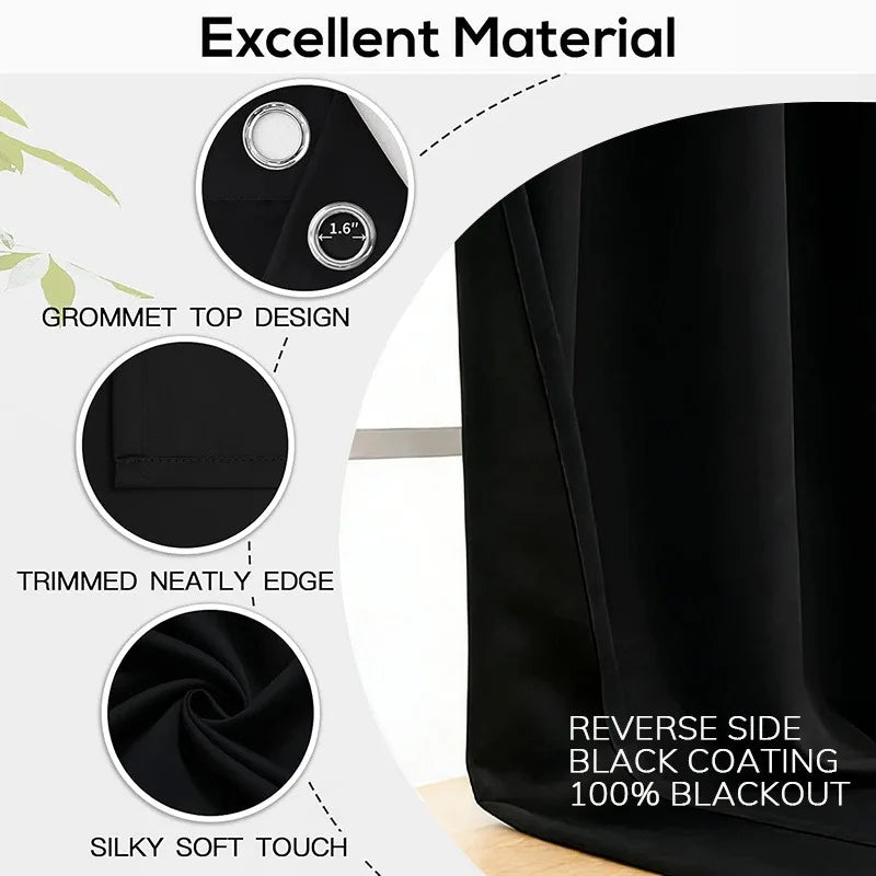 Close-up view of black blackout curtains showing features like grommet top design, trimmed edges, and silky soft touch fabric