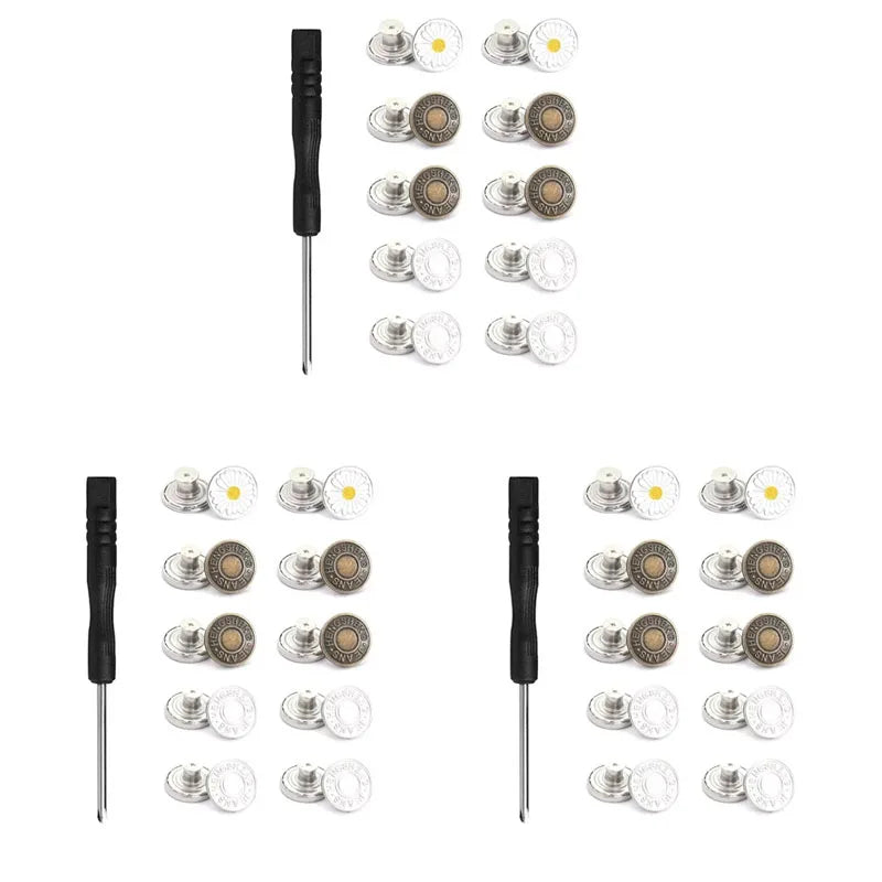 A collection of 30 metal jeans buttons in various sizes and finishes.