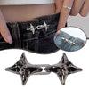 Silver star-shaped adjustable waist tightening buckle for jeans shown on a hand and close-up.