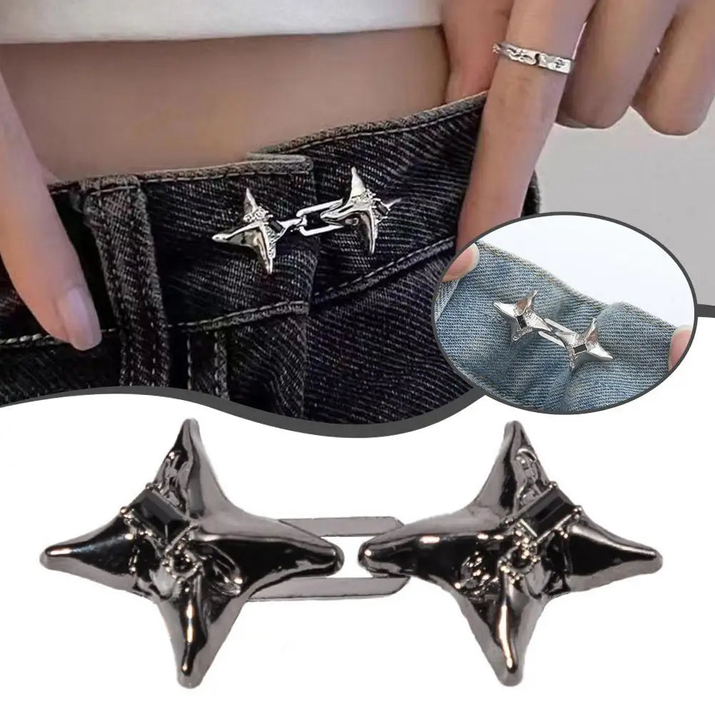 Silver star-shaped adjustable waist tightening buckle for jeans shown on a hand and close-up.