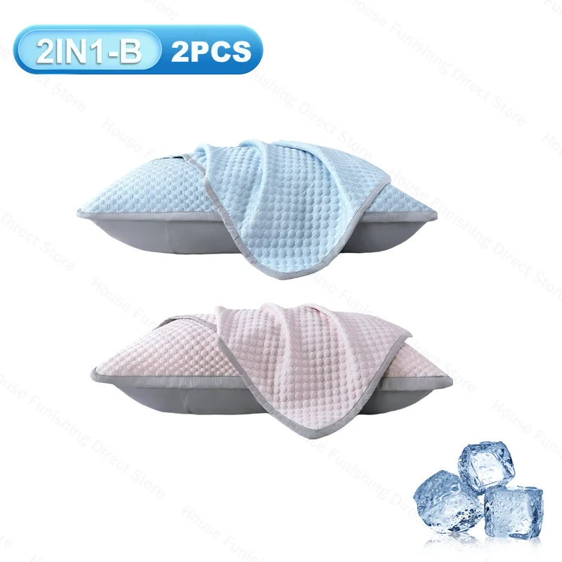 Two light blue and pink ice silk cooling pillowcases shown with a piece of ice.