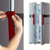 A close-up shows a hand gripping a red door handle cover, next to an open refrigerator door displaying the same product.