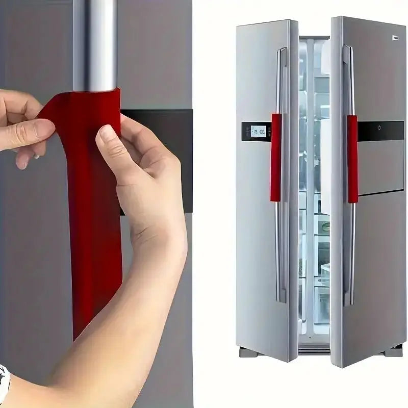 A close-up shows a hand gripping a red door handle cover, next to an open refrigerator door displaying the same product.