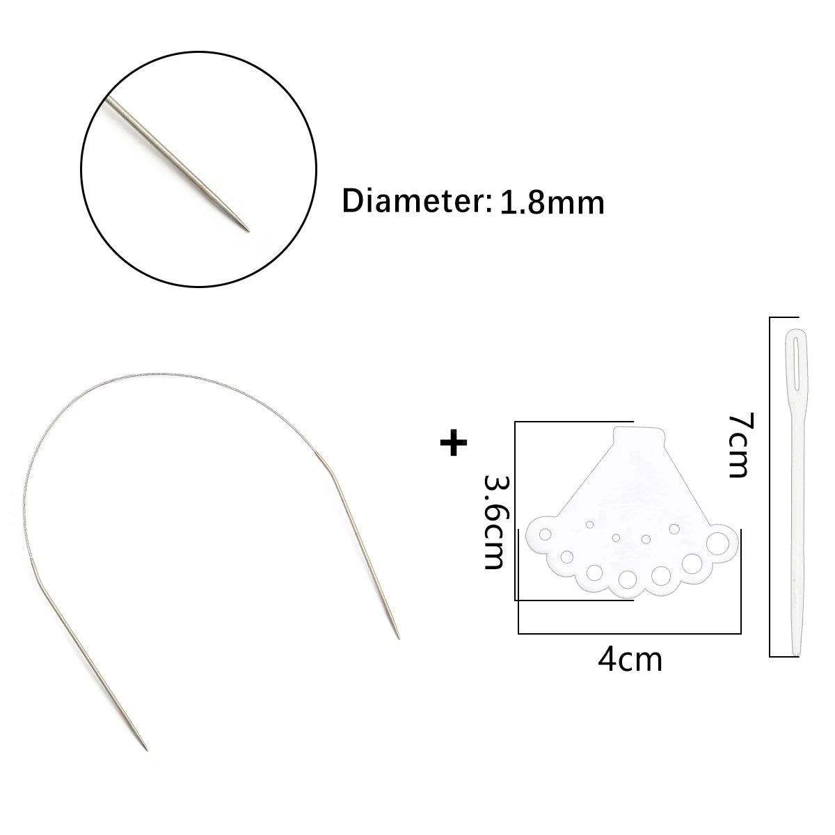 Stainless steel circular knitting needles set showing a needle diameter of 1.8mm and a larger tool with a 4cm dimension.