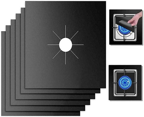 A set of black gas stove protectors, including a main plate and a protective cover with a blue circular design.