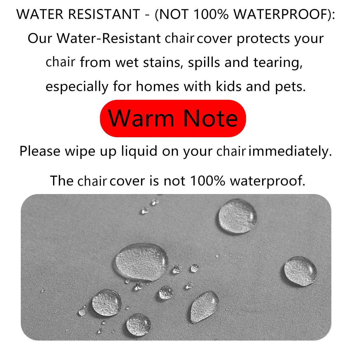 Close-up view of a gray chair cover with liquid droplets on the surface.