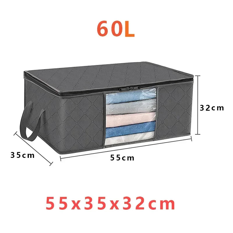 A black foldable storage box with a lid, showing several folded fabric items inside.