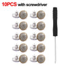 A set of ten metal jeans button repair kits with screwdrivers shown in various configurations.