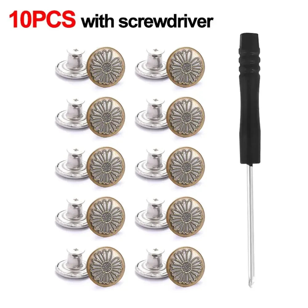 A set of ten metal jeans button repair kits with screwdrivers shown in various configurations.