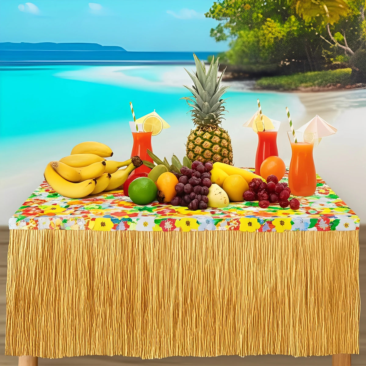 Tropical Raffia Grass Table Skirt for Luau & Beach Parties