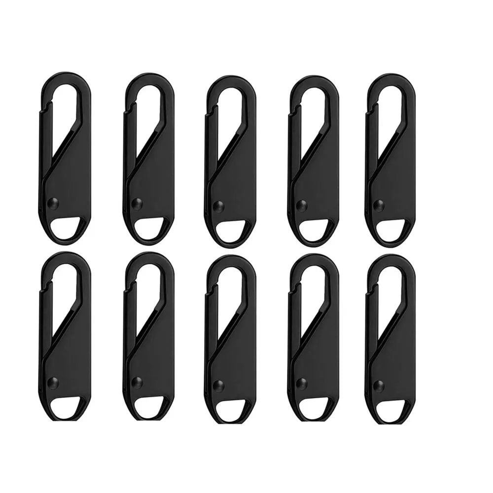 A set of eight black detachable metal zipper puller repair kits.