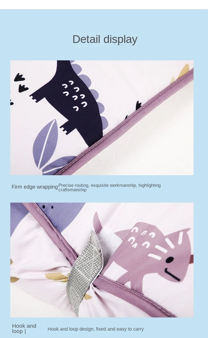 Detail display showing firm edge wrapping, hook and loop design, and easy carrying of a toddler nap mat set.
