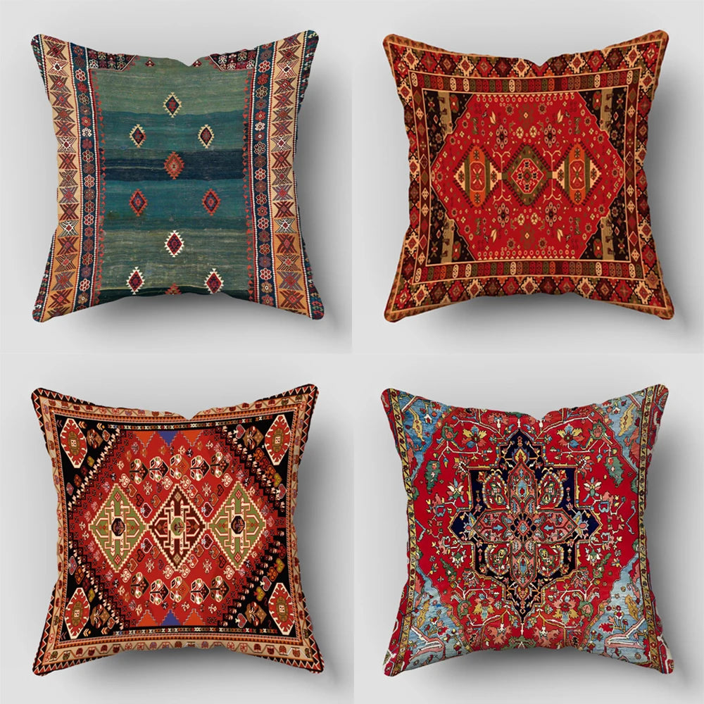 Four decorative cushion covers featuring intricate Persian patterns in red, gold, and teal tones.