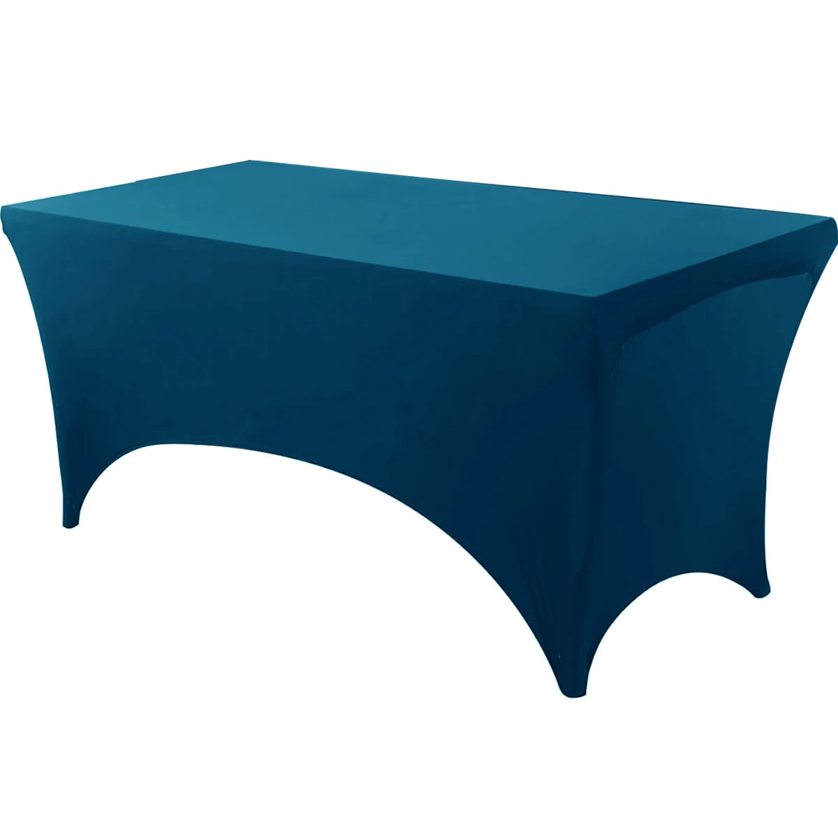 A dark teal stretch tablecloth set for dining and event decor.
