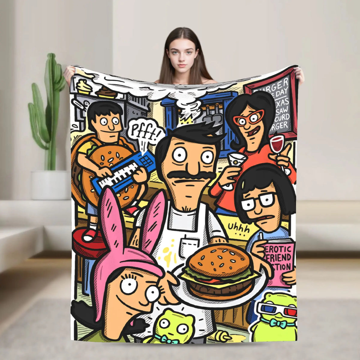 A throw blanket featuring a cartoon illustration of characters in a comedic, anime style.