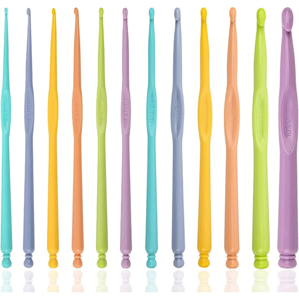 A set of twelve precision plastic crochet hooks in various colors including purple, green, yellow, and orange.