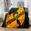A black and yellow flannel throw blanket featuring a large stylized silhouette of a wolf with the text WU-TANG.