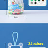 A clear plastic container of washable art markers with 18 colors and a hanging loop, shown next to a color chart.